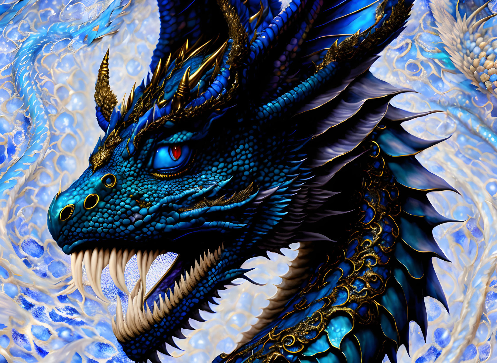 Detailed illustration: Vivid blue dragon with intricate scales and red eyes on magical background