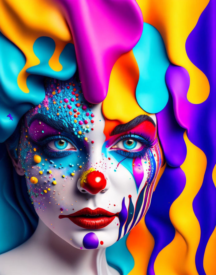 Colorful Clown Makeup Portrait with Red Nose and Wavy Background