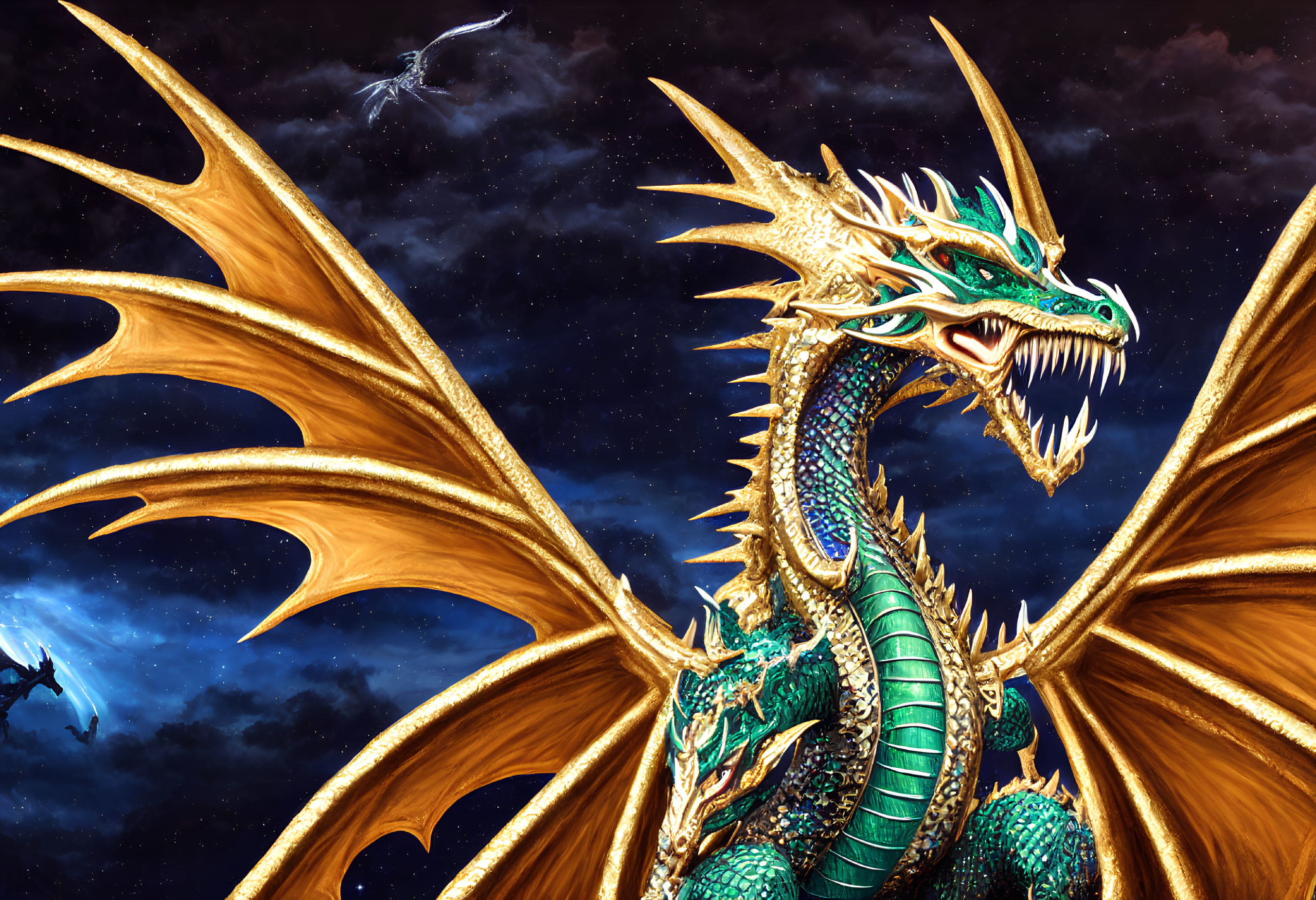 Majestic golden-winged dragon roaring under starry sky