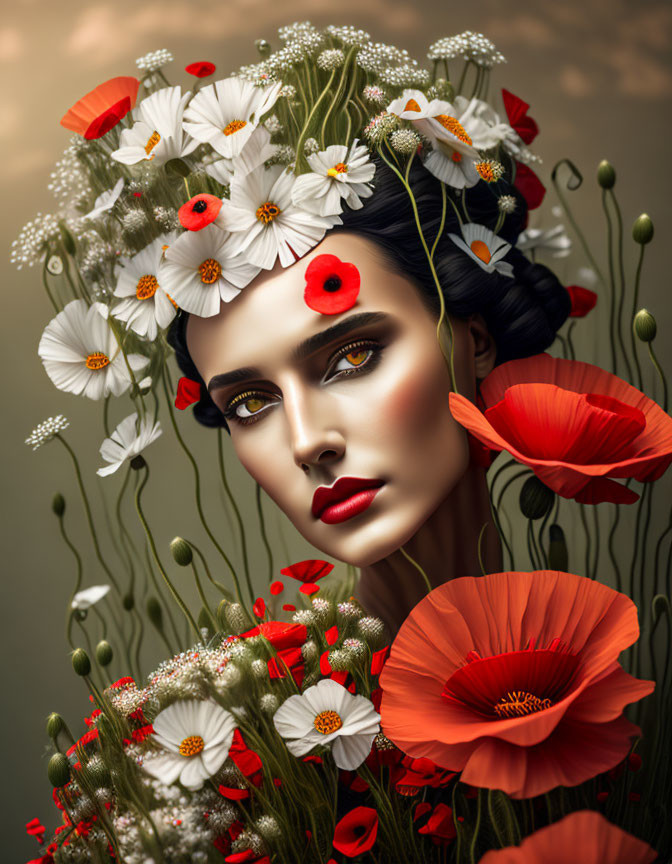 Dark-Haired Woman with Red and White Flowers on Subdued Background