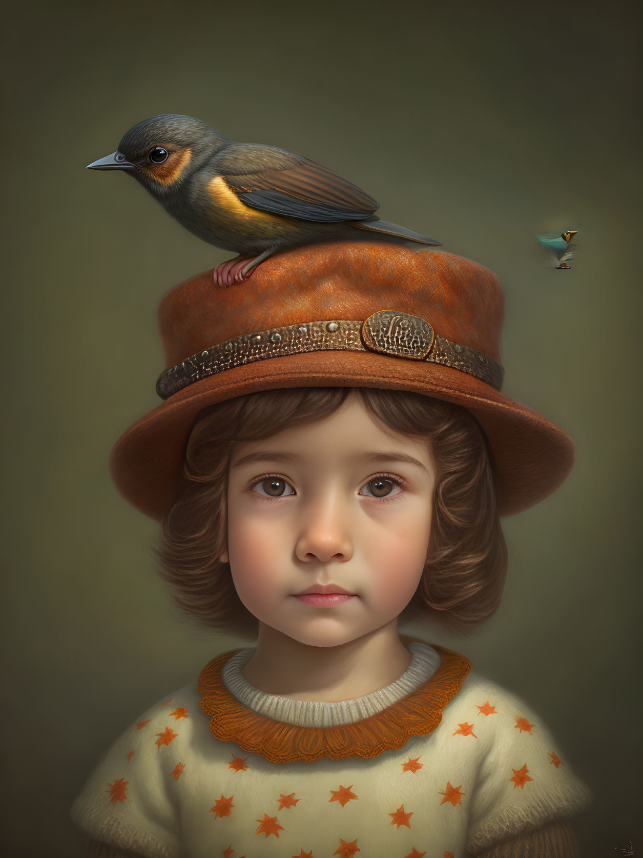 Child with big brown eyes and curly hair in brown hat with bird perched, another bird flying.