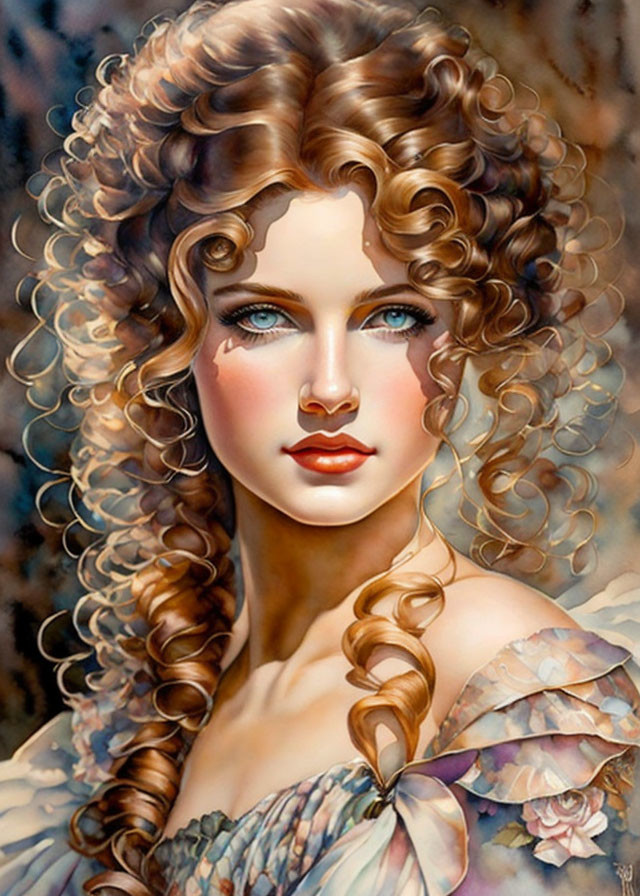 Portrait of woman with voluminous curly hair and blue eyes in off-shoulder dress on speck