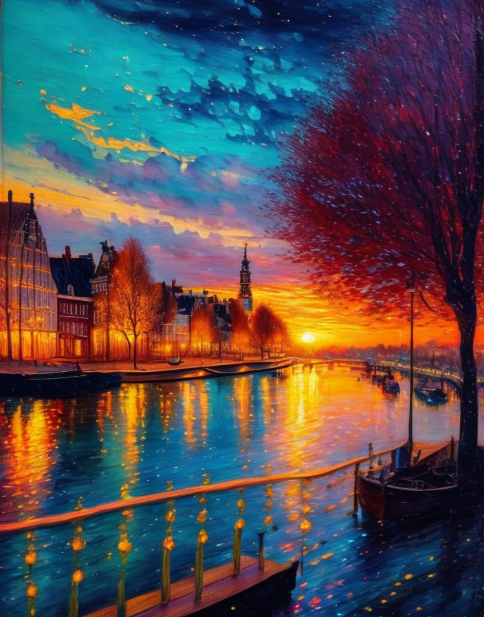 Colorful sunset painting: canal reflections, silhouetted buildings, boat, autumn tree