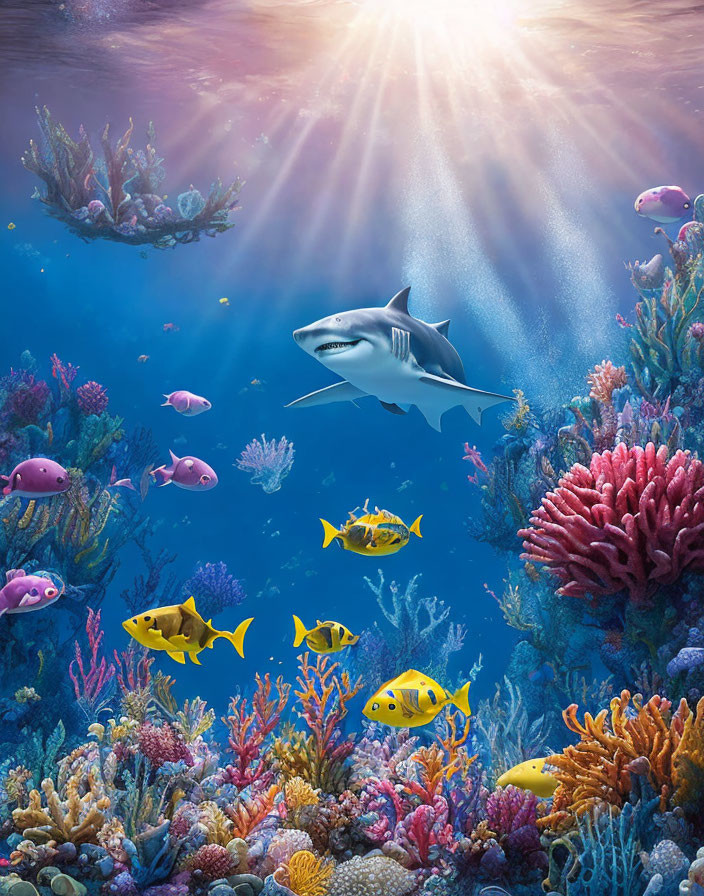 Colorful underwater scene with shark, fish, corals, and sunbeams.