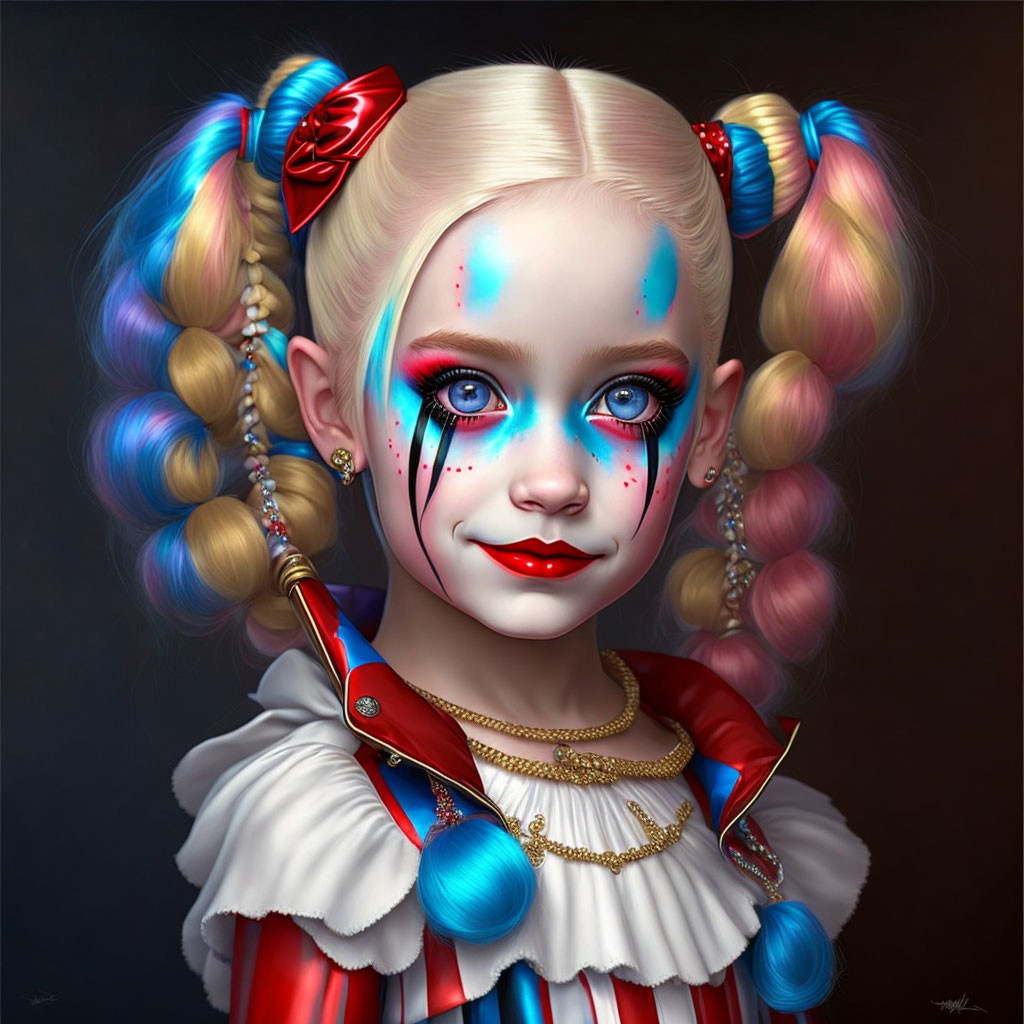 Girl with blue eyes, two-tone hair in pigtails, clown makeup, ruffled collar,