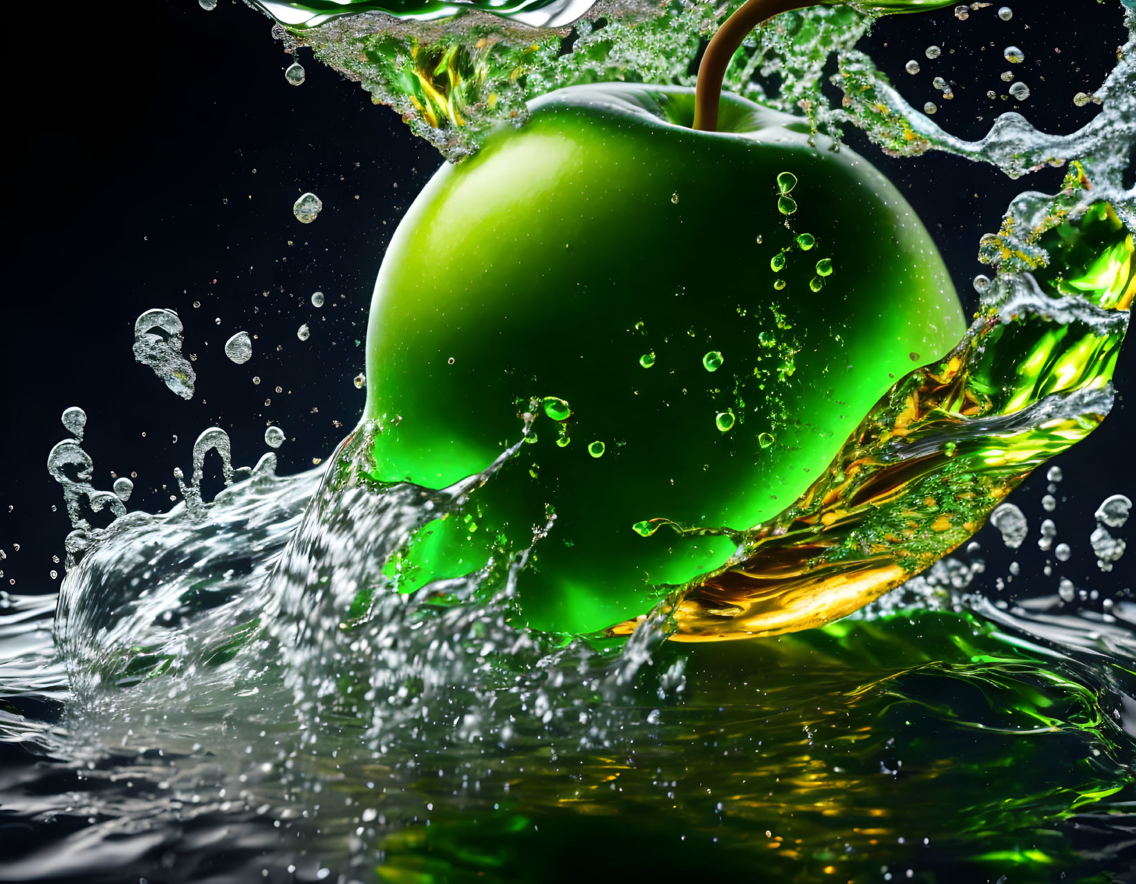 Fresh green apple in water with droplets on dark background