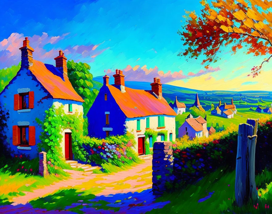 Colorful village lane with cottages and greenery under blue sky