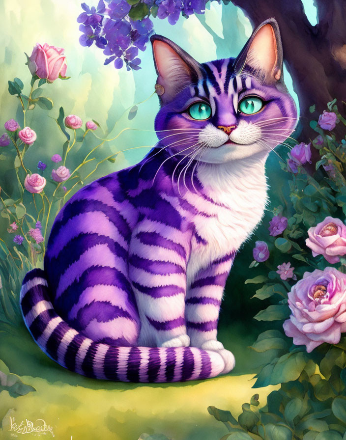 Striped purple and white cat with green eyes in garden with pink roses.