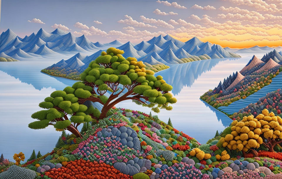 Colorful Stylized Landscape with Lake and Mountains