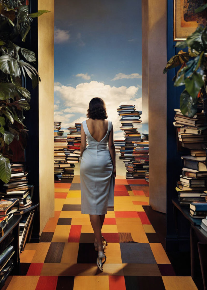 Woman in Blue Dress Stands by Towering Stack of Books