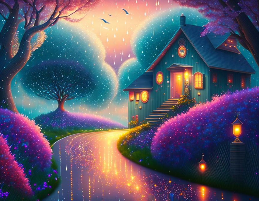 Whimsical cottage under starry sky with glowing windows surrounded by vibrant nature.