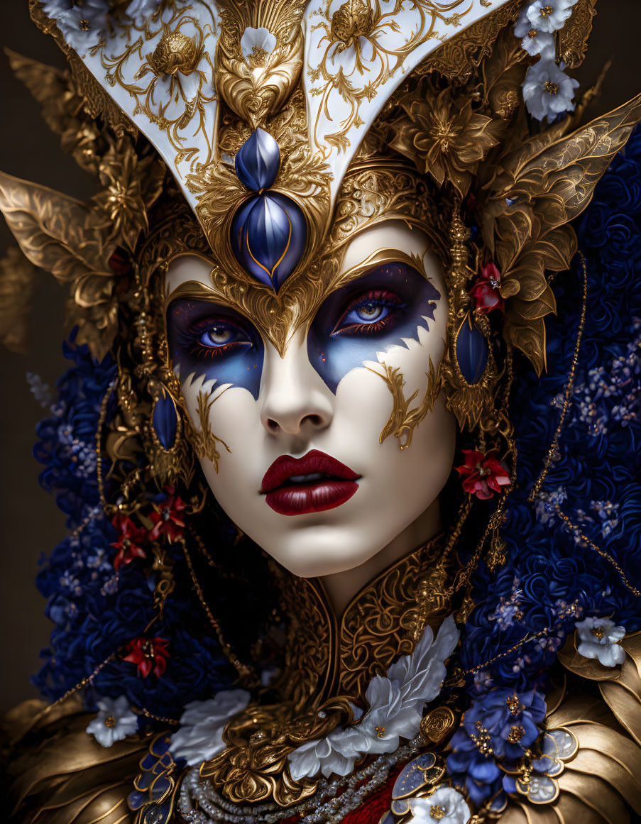 Person in Ornate Golden Mask with Blue Accents and Floral Textures