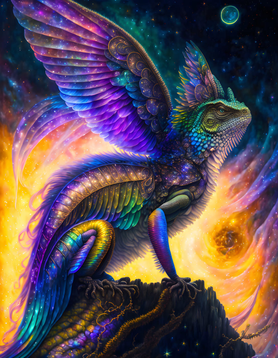 Mythical dragon illustration with iridescent scales and cosmic backdrop