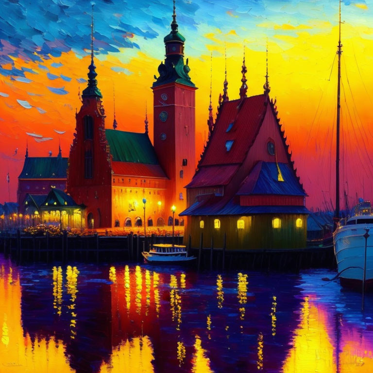 Scenic harbor painting: historic buildings, sunset glow, moored boats.