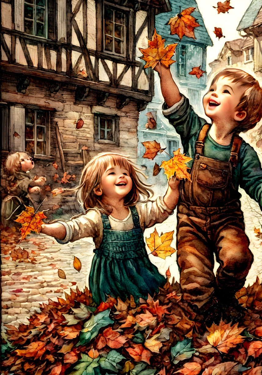 Children playing with autumn leaves on quaint street with old-fashioned houses