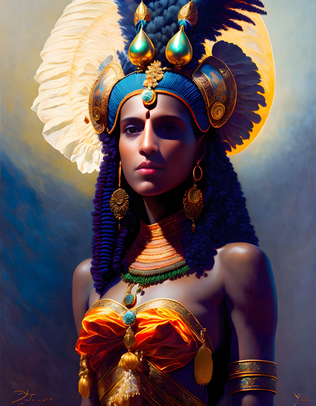 Elaborate golden and blue headdress with feathers and gems on regal woman