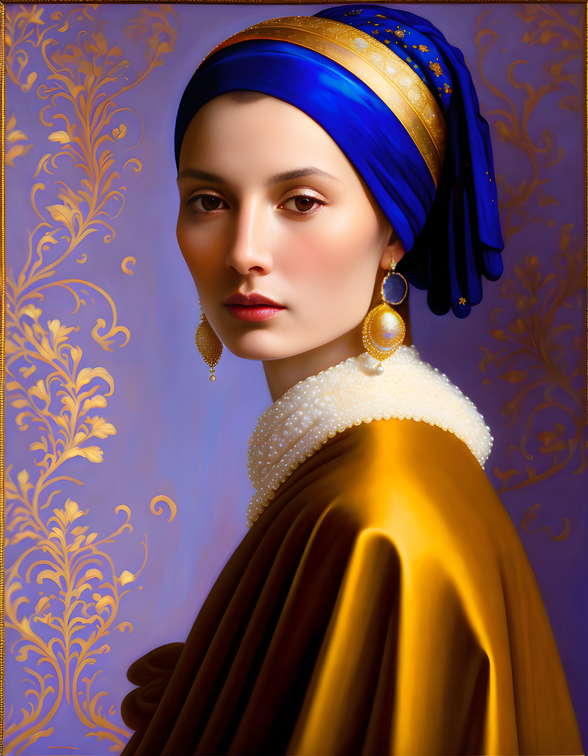 Portrait of woman in blue headscarf, gold earrings, pearl necklace, yellow garment & patterned