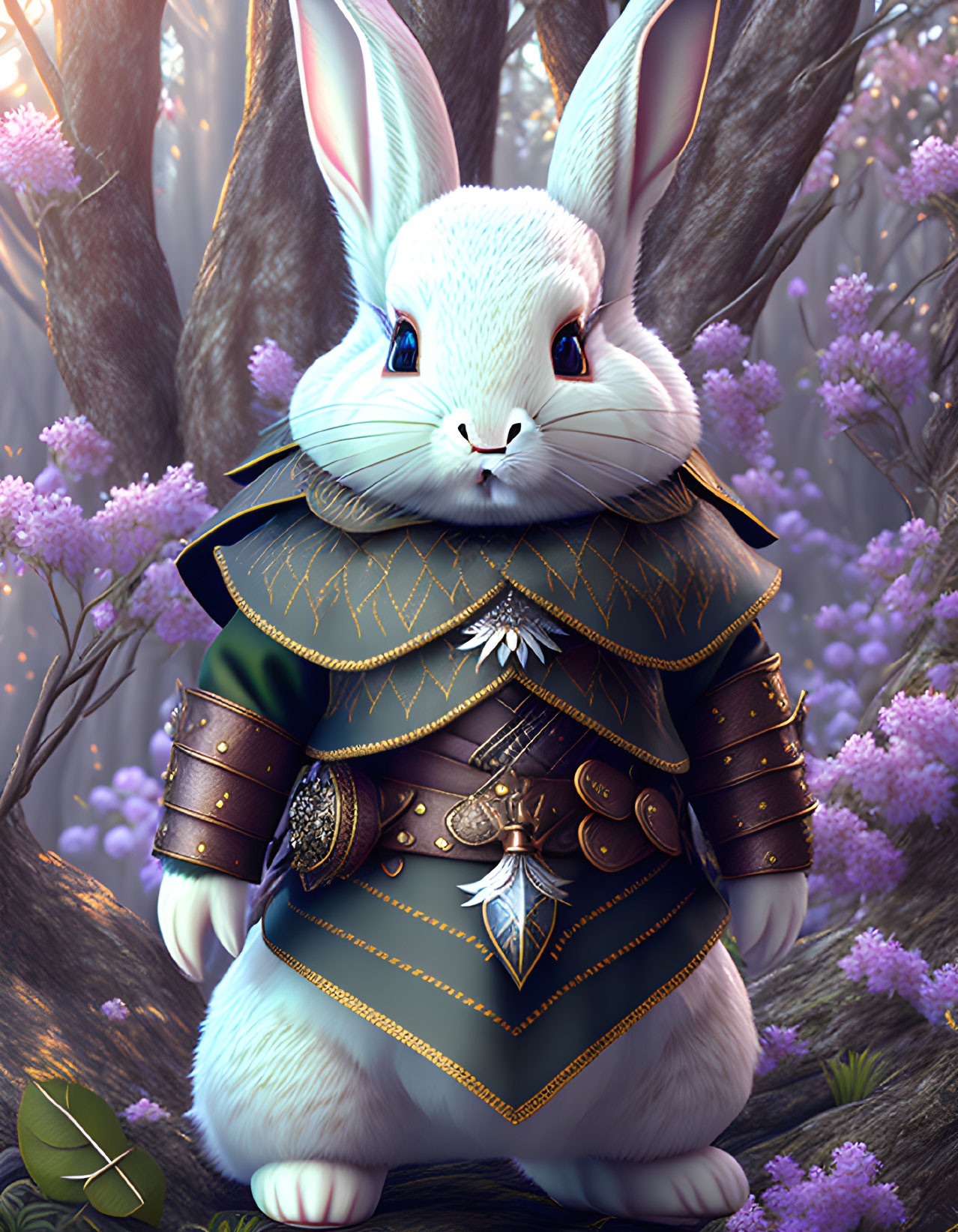 Regal anthropomorphic rabbit in medieval armor amid purple-flowered trees