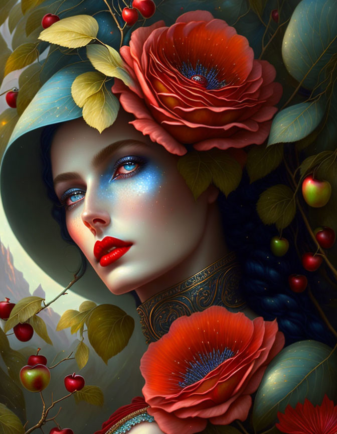 Vibrant surreal portrait of a woman with red flowers, blue eyeshadow, and red berries