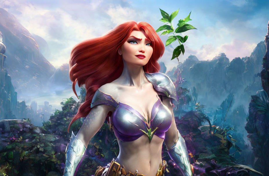 Red-Haired Female Fantasy Character in Silver Armor in Mountainous Landscape