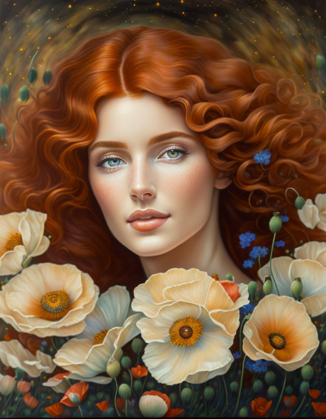 Illustration of woman with red hair and blue eyes among vibrant flowers