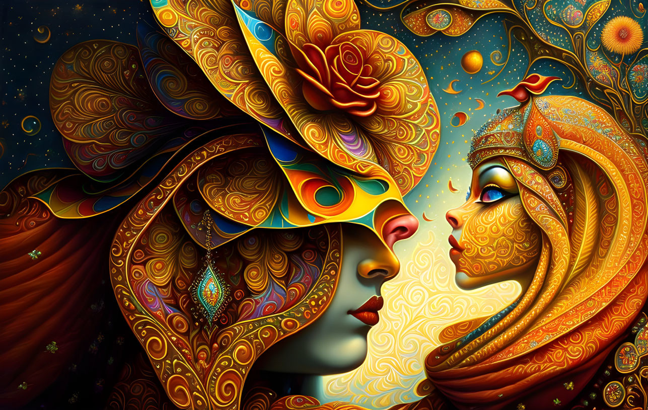 Digital Artwork: Two Faces in Opulent Headgear with Cosmic Motifs