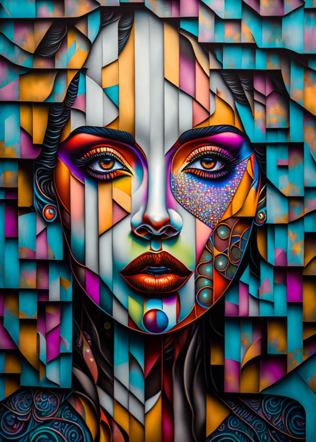 Vibrant abstract portrait of a stylized female face with mosaic-like pattern