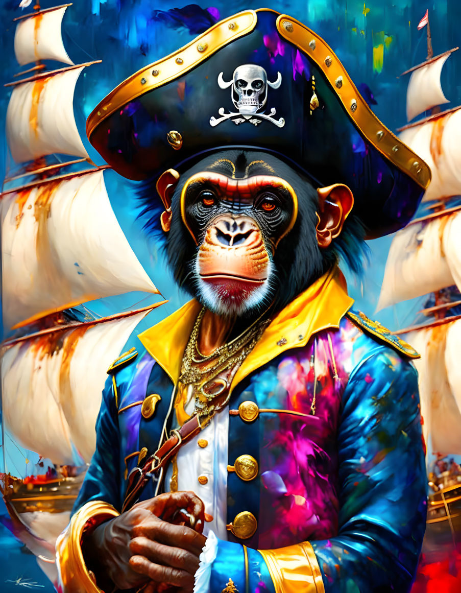 Stylized illustration of a pirate chimpanzee with hat and coat