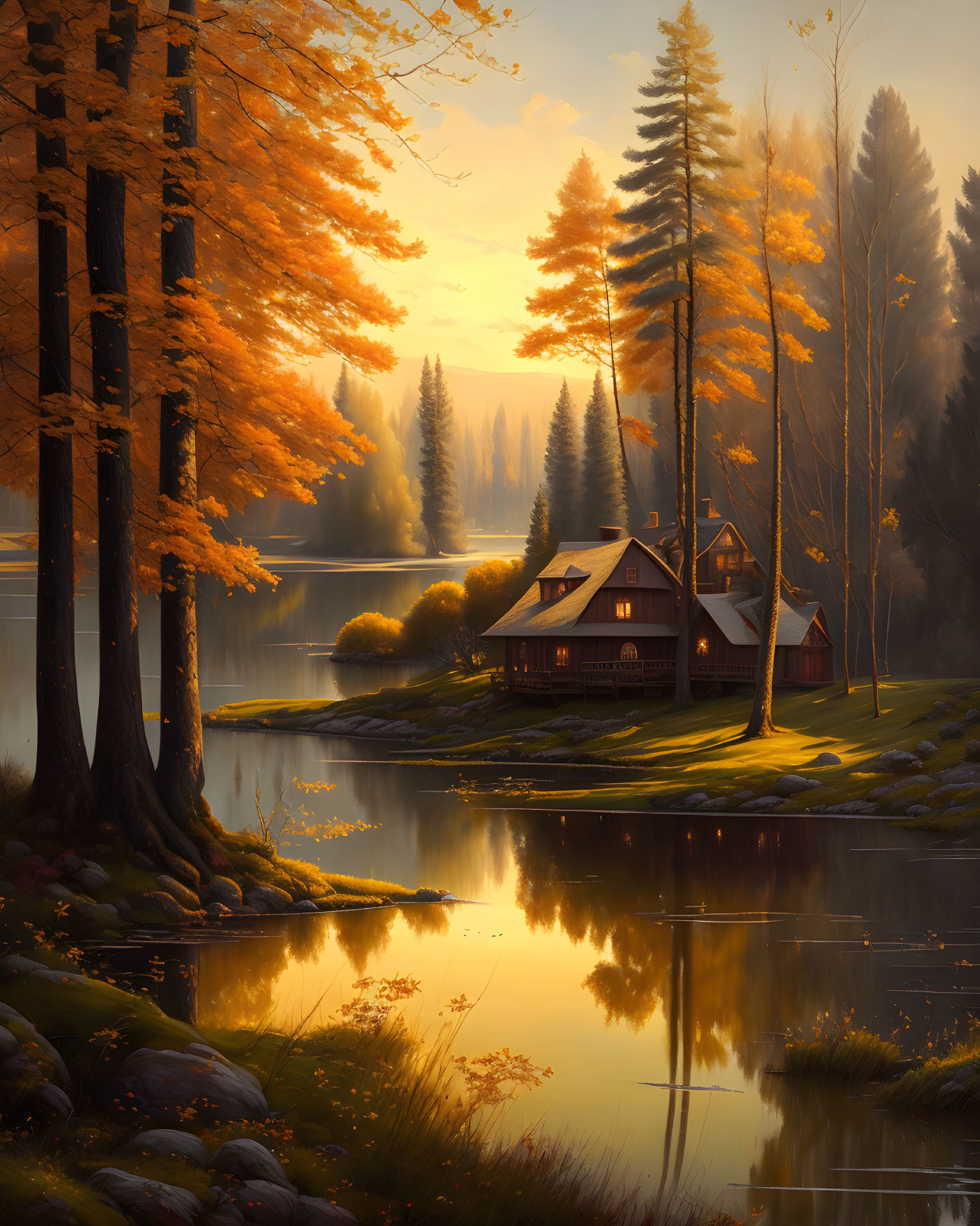 Tranquil autumn cabin by lake with golden trees at sunrise or sunset