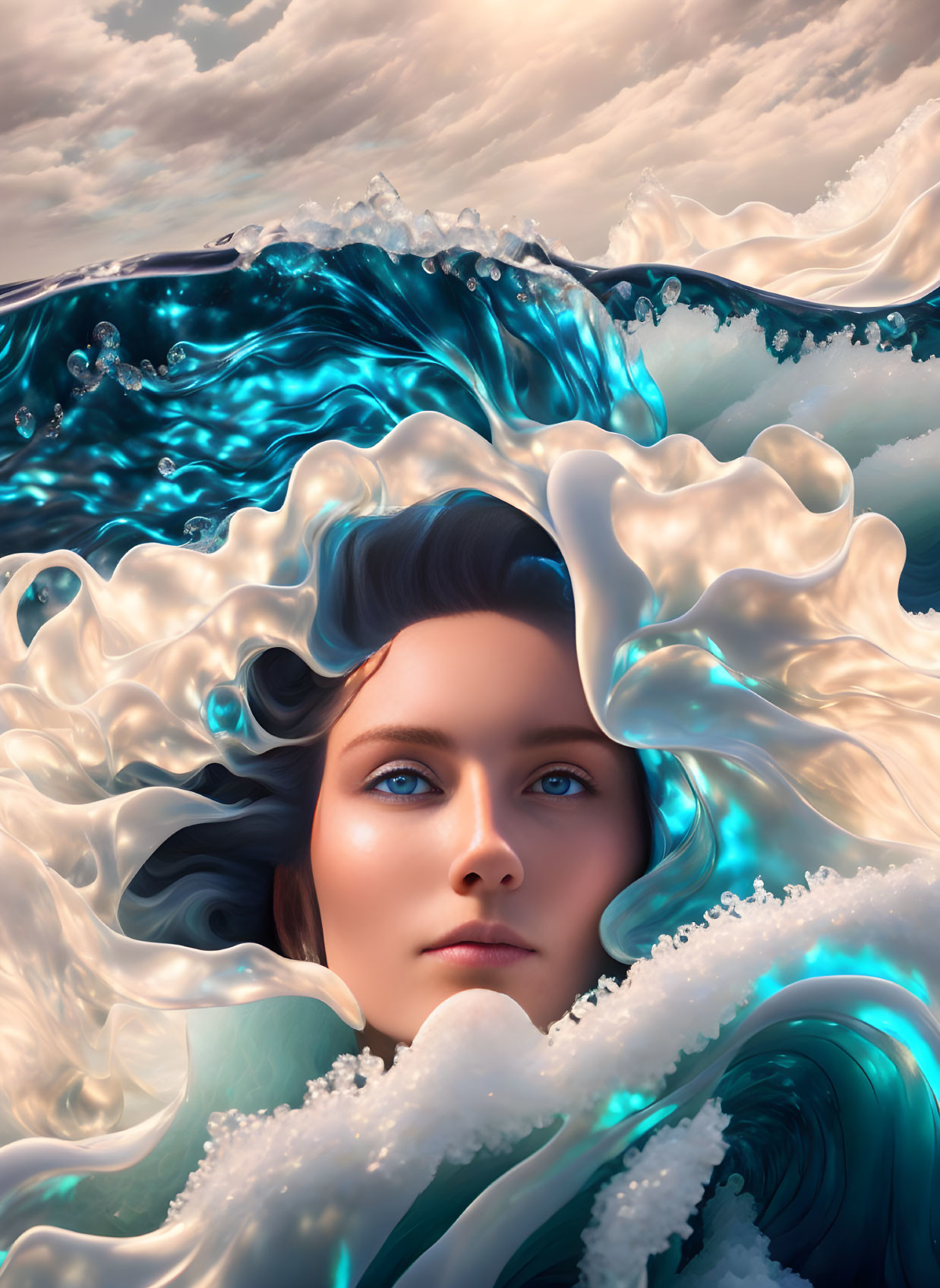 Surreal portrait of woman with ocean wave hair & elements