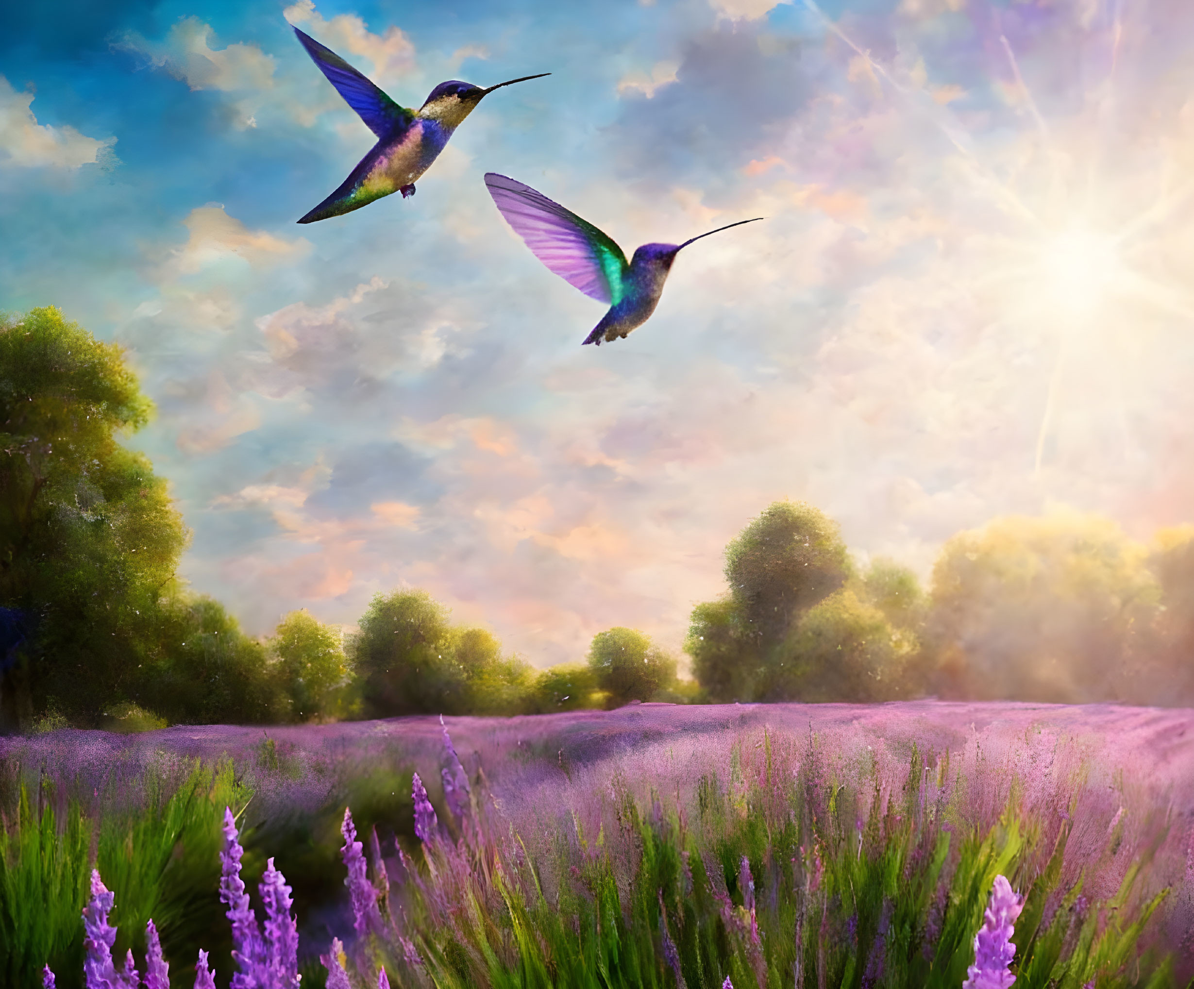 Two hummingbirds over lavender field with trees and sunbeam.