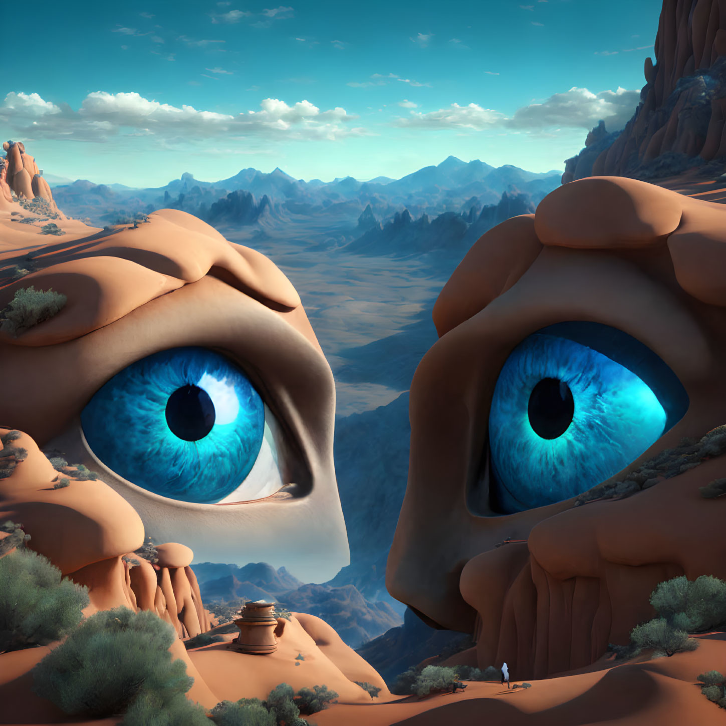 Surreal landscape: giant blue eyes in rocky formations, desert vista with lone figure.