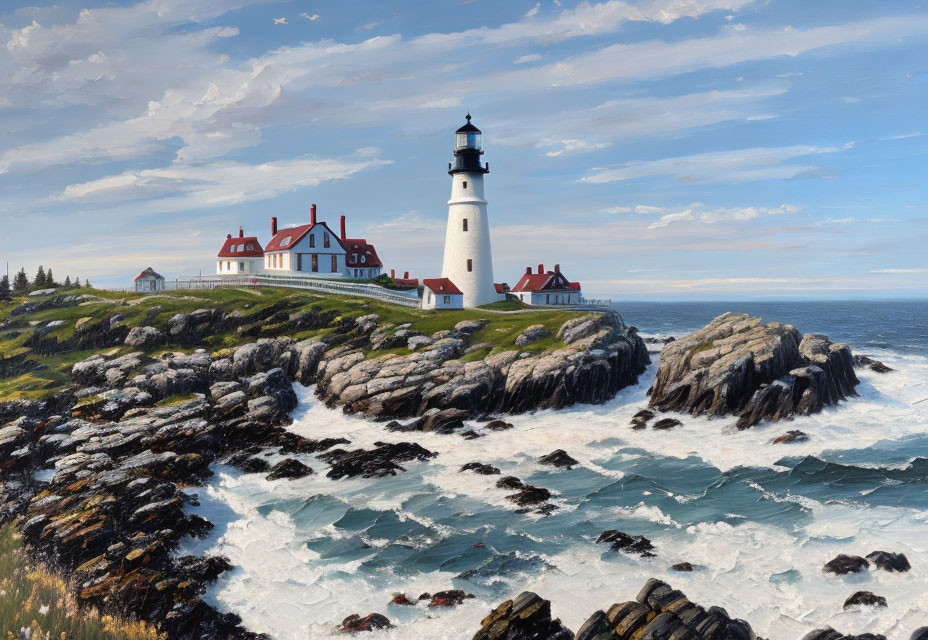 Scenic coastal view with white lighthouse on rugged cliffs