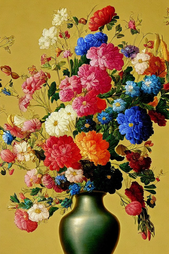 Multicolored Flower Bouquet in Green Vase on Yellow Background