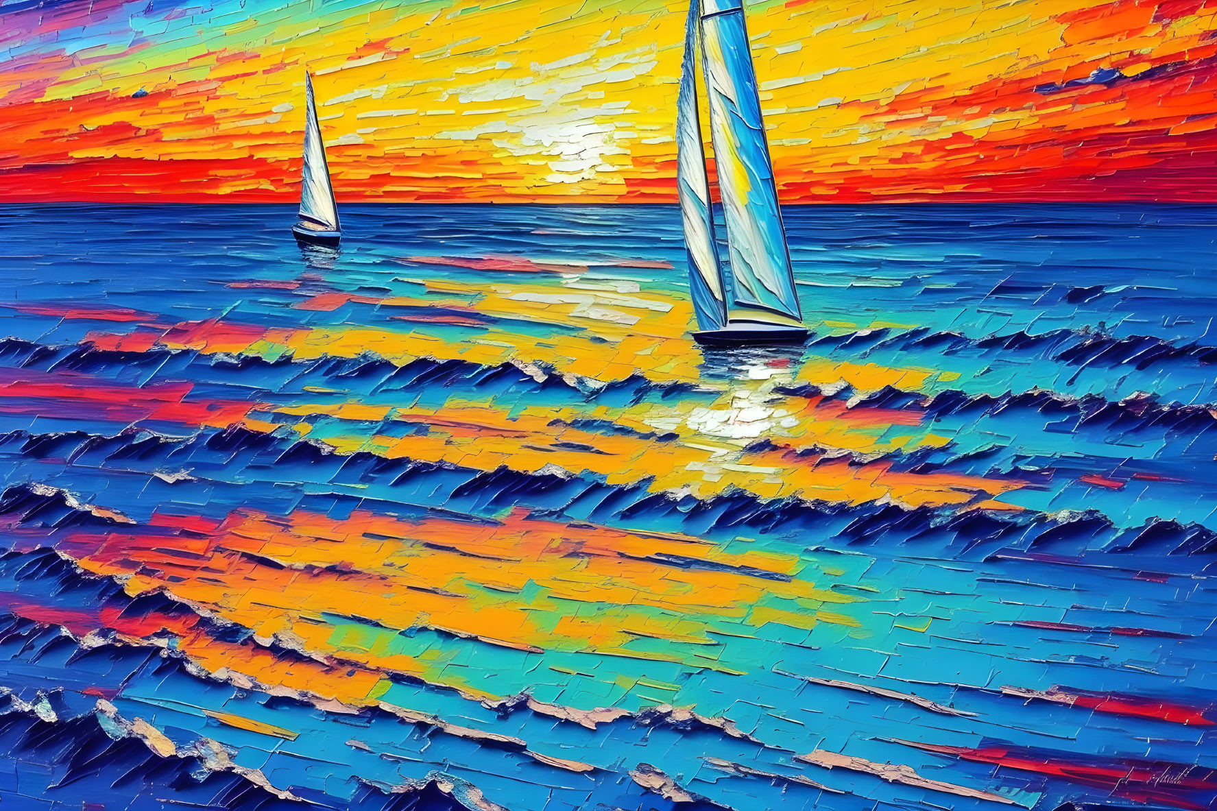 Colorful textured painting of sailboats on the sea at sunset