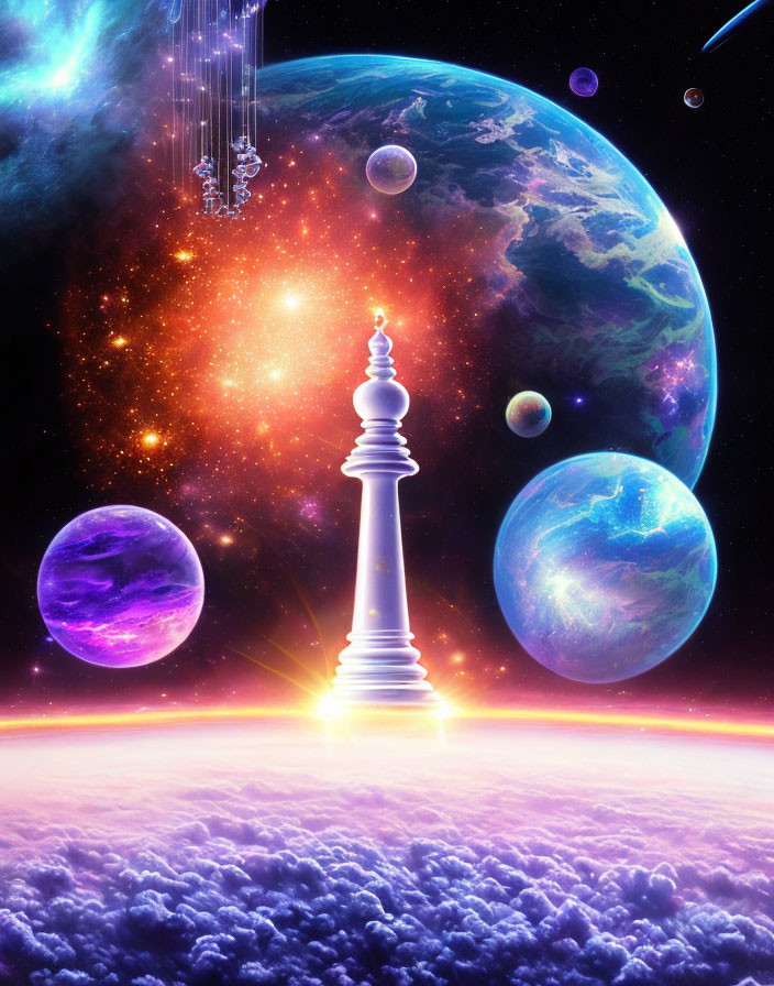 Chess King Piece in Surreal Cosmic Scene with Planets and Stars