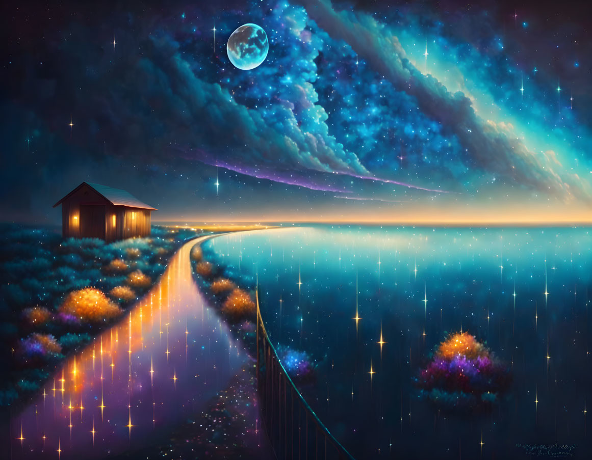 Starry surreal landscape with luminous pathway to lone cabin