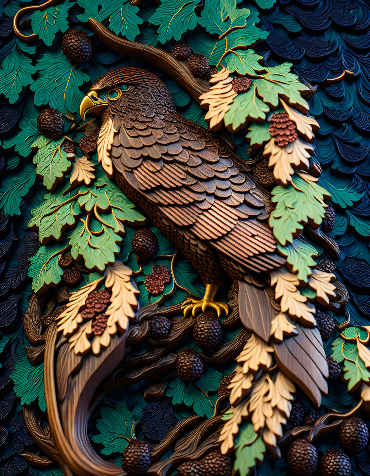 Detailed Artwork: Eagle Perched on Branch with Pine Cones and Foliage