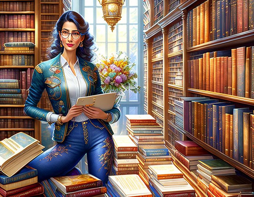 Female character in blue suit with glasses holding tablet in library setting with wooden bookshelves and chandelier