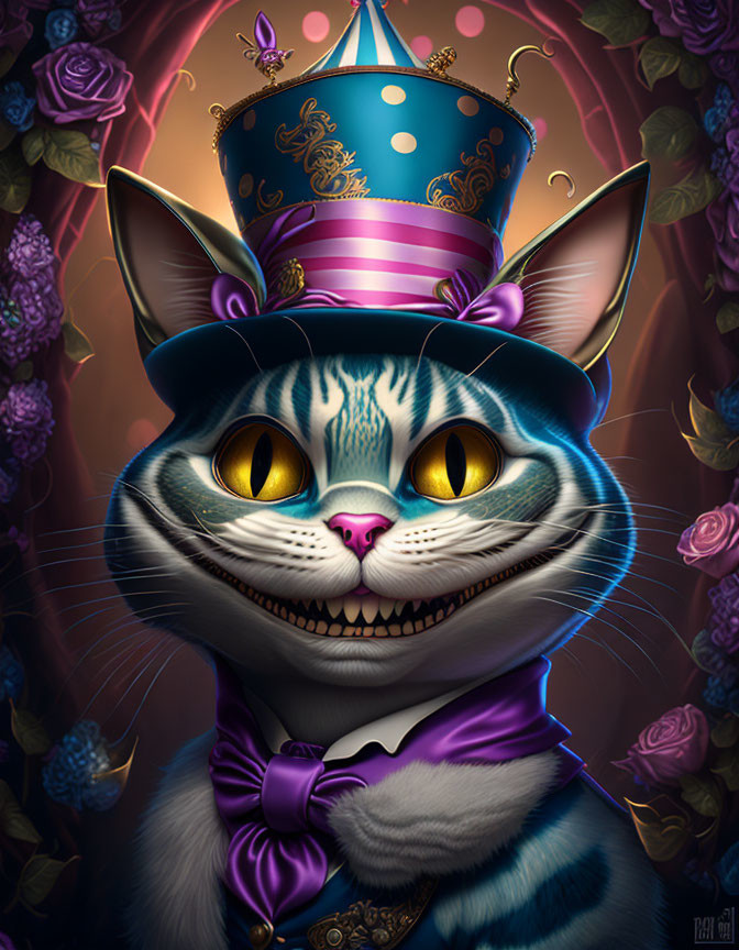 Whimsical Cheshire Cat illustration with big grin, purple bow, and colorful top hat among roses