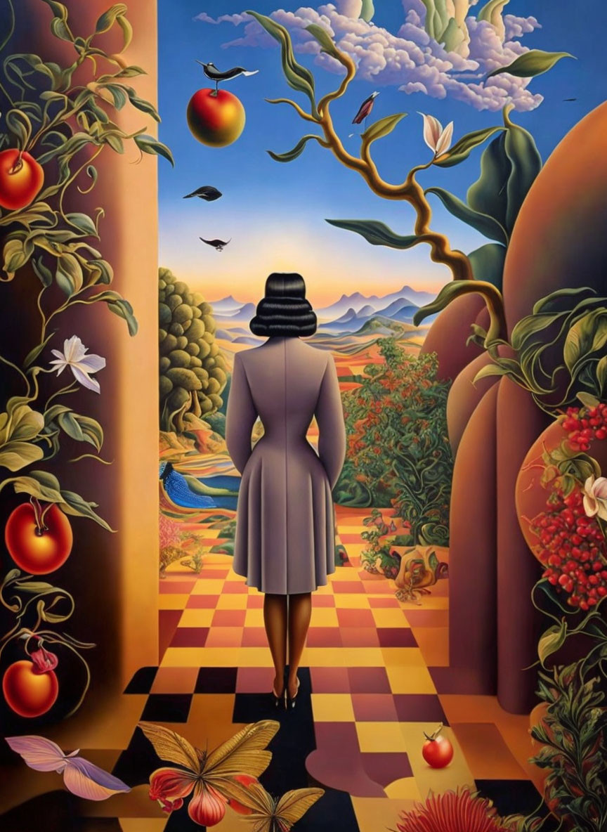 Surreal painting of woman in grey dress with floating tomatoes and vibrant landscape