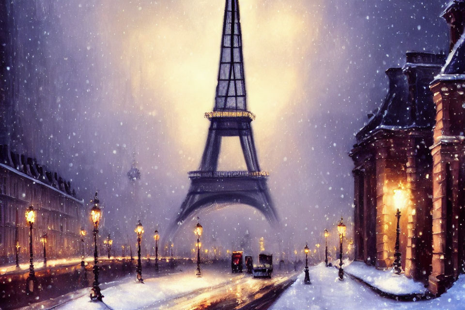 Snowy Evening Illustration: Eiffel Tower, Street Lamps, Horse Carriage