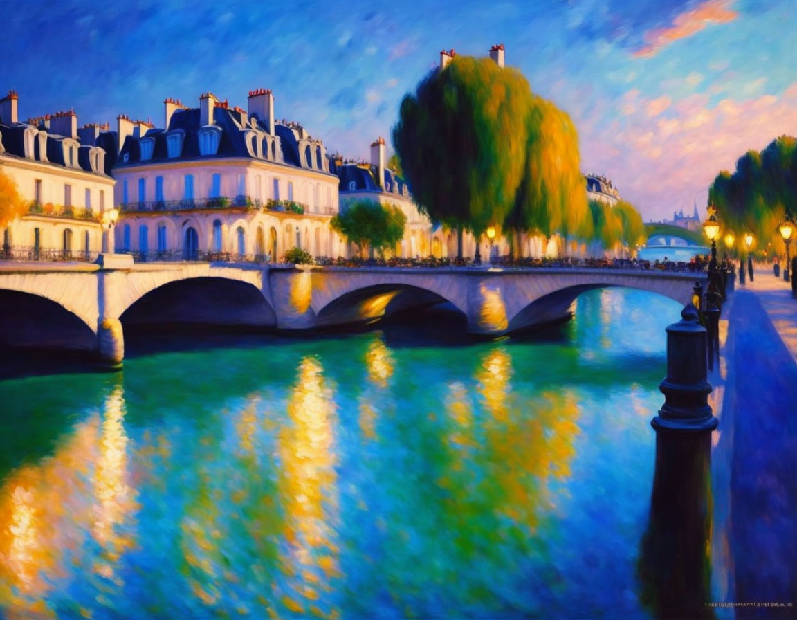 Scenic painting of river, arched bridge, and classic buildings at twilight