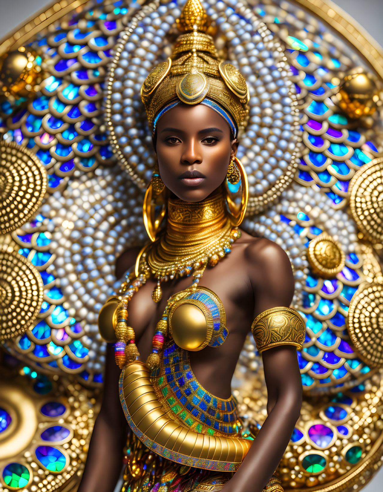 Regal Figure with Golden Jewelry and Peacock Feather Motif