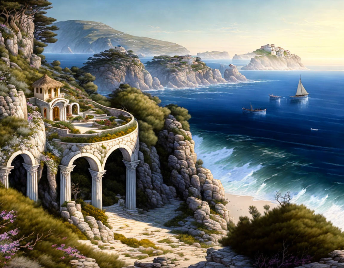 Tranquil coastal landscape with stone villa, arches, beach, boats, and distant islands