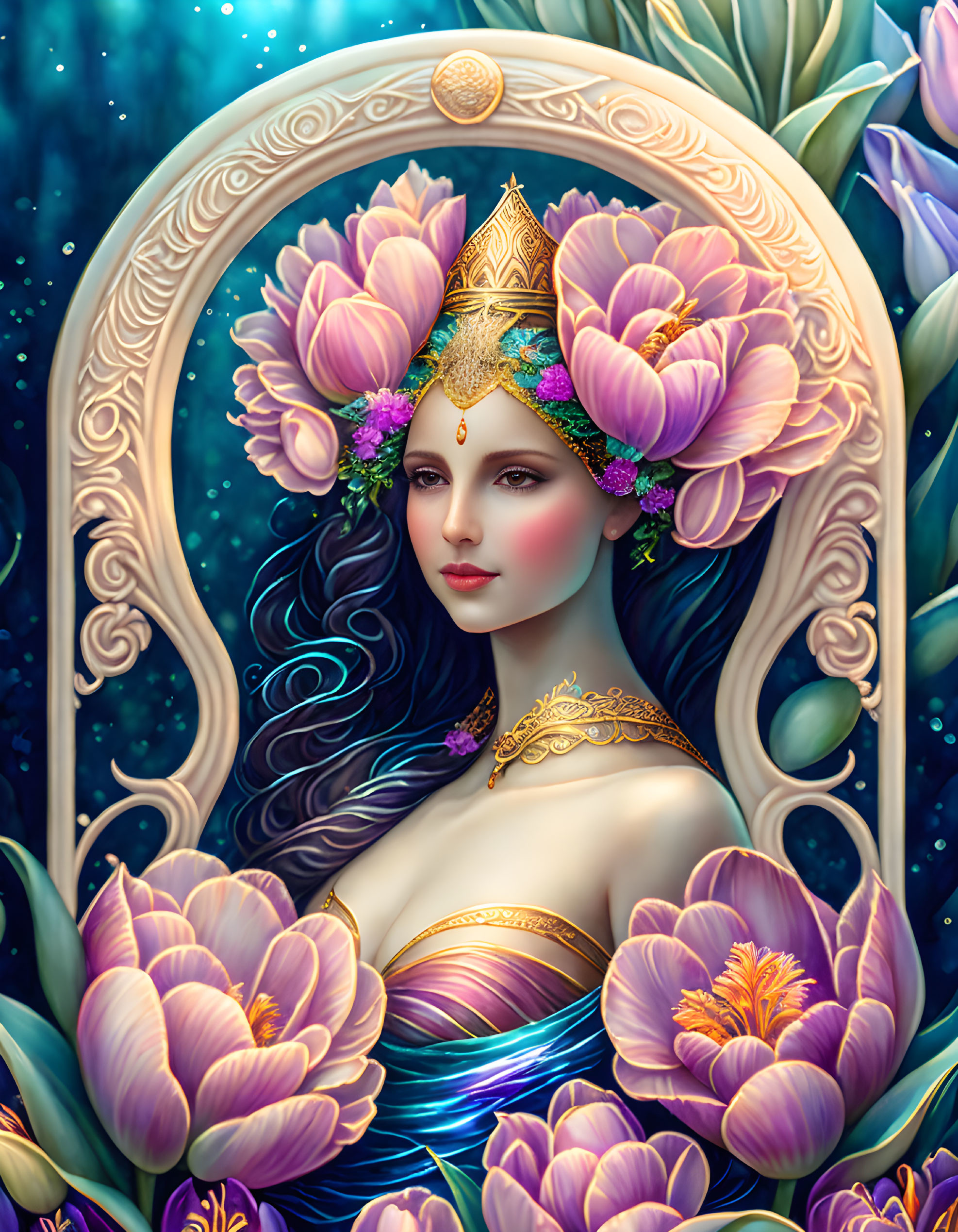 Fantasy portrait of a woman with blue-violet flowers, golden crown, and ornate border