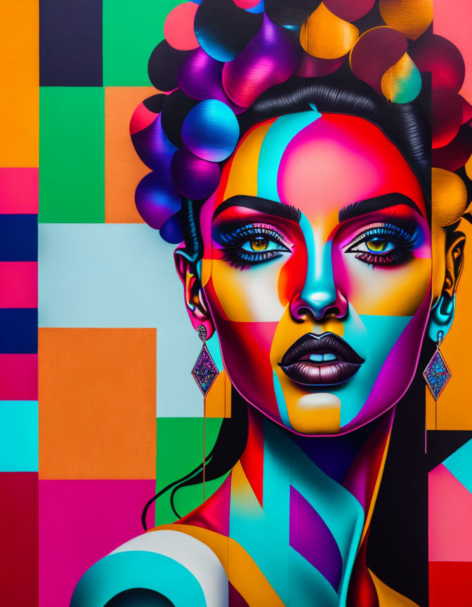 Colorful geometric background enhances vibrant portrait of woman with multicolored hair, striking makeup, and detailed