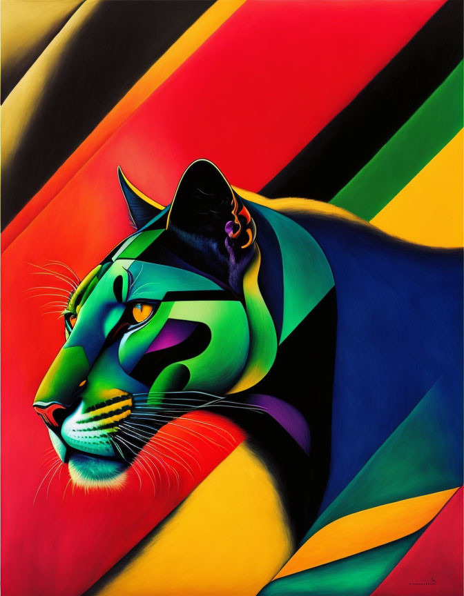 Colorful Stylized Cougar Painting with Abstract Stripes