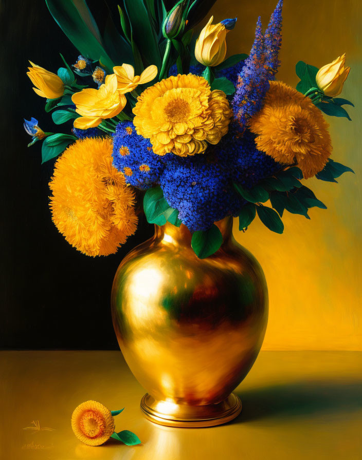 Colorful still-life painting: golden vase with yellow, blue, and orange flowers on dark backdrop