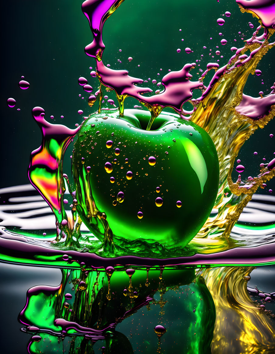 Colorful green apple with purple and yellow splashes on dark background